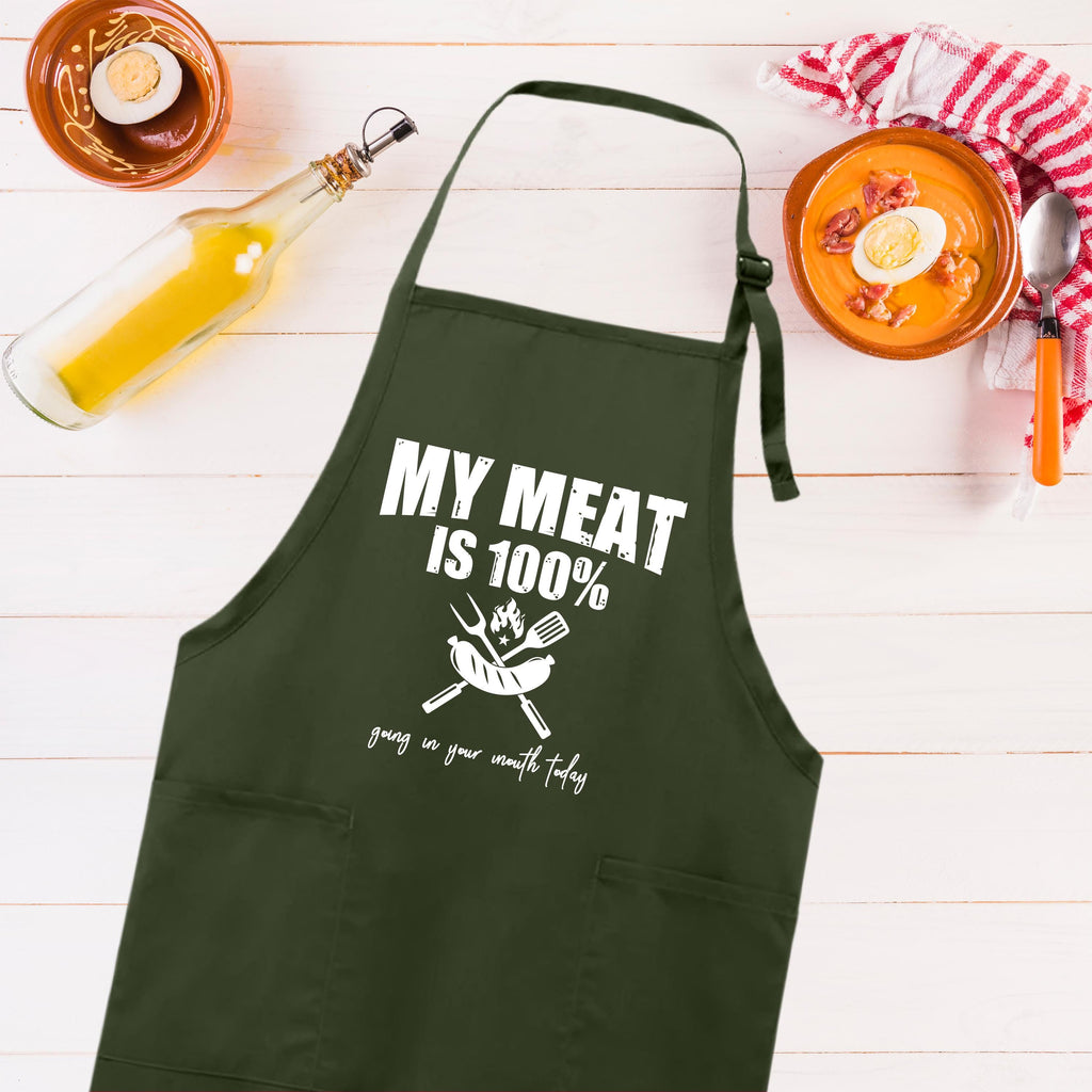 My Meat is 100% Going In Your Mouth Apron, Adjustable Neck, Full-Length Funny Grill Apron with Pockets, BBQ Apron, Apron for Men, Dad Apron