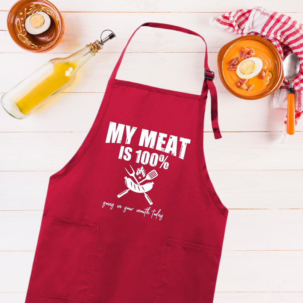 My Meat is 100% Going In Your Mouth Apron, Adjustable Neck, Full-Length Funny Grill Apron with Pockets, BBQ Apron, Apron for Men, Dad Apron