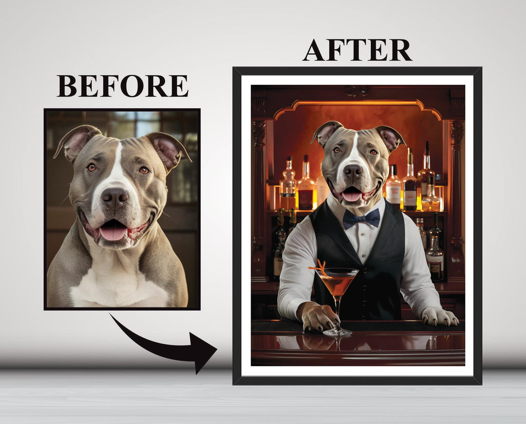 Personalized Pet Portrait Painting, Bartender Dog Artwork from Photo, Custom Gift for Dog Dad, Printable Wall Art, Bar Canvas Poster Decor
