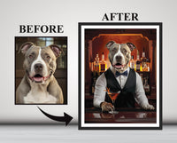Personalized Pet Portrait Painting, Bartender Dog Artwork from Photo, Custom Gift for Dog Dad, Printable Wall Art, Bar Canvas Poster Decor