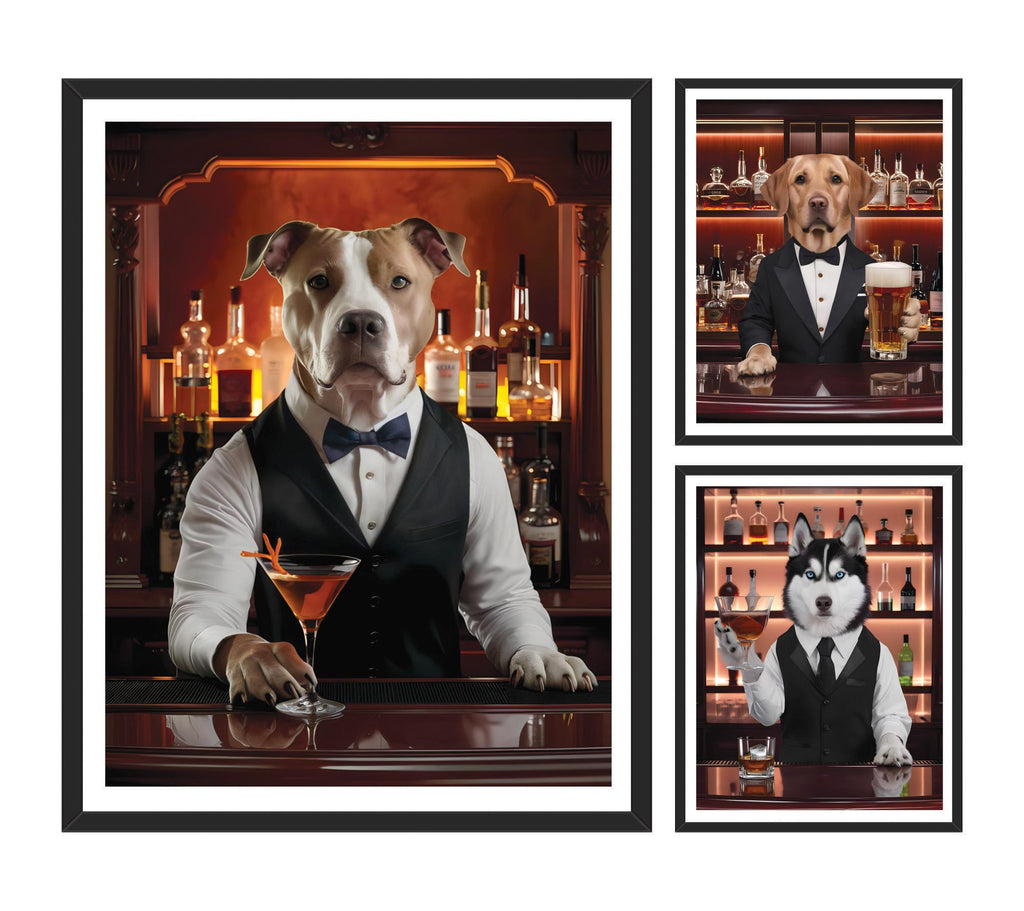 Personalized Pet Portrait Painting, Bartender Dog Artwork from Photo, Custom Gift for Dog Dad, Printable Wall Art, Bar Canvas Poster Decor
