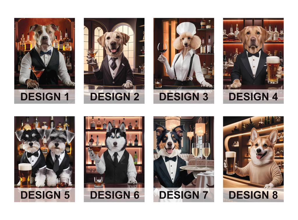 Personalized Pet Portrait Painting, Bartender Dog Artwork from Photo, Custom Gift for Dog Dad, Printable Wall Art, Bar Canvas Poster Decor