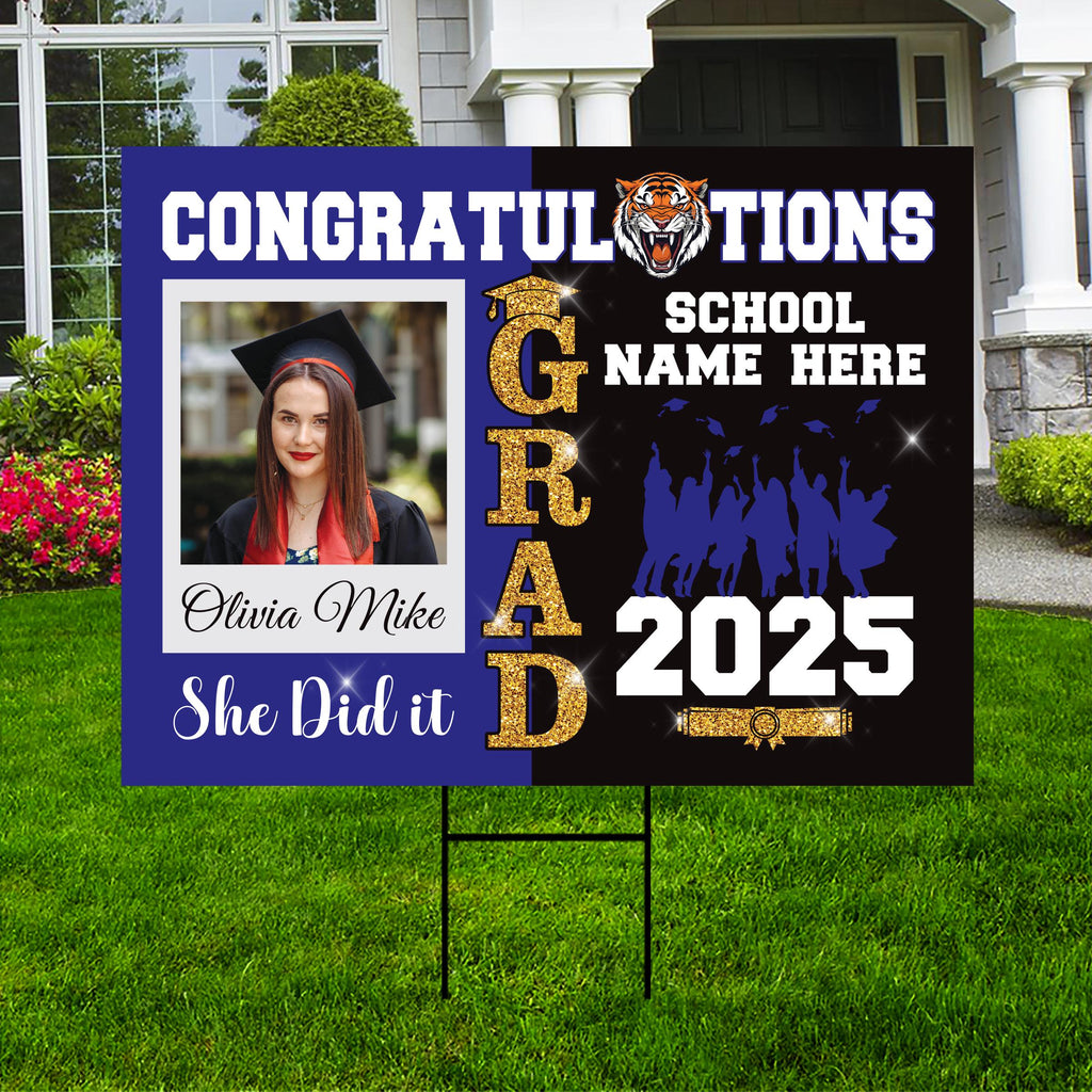 Personalized Graduation Yard Sign 2025 with Photo, Custom College Logo Sign, Class of 2025, Custom Graduation Yard Sign with Metal H-Stake