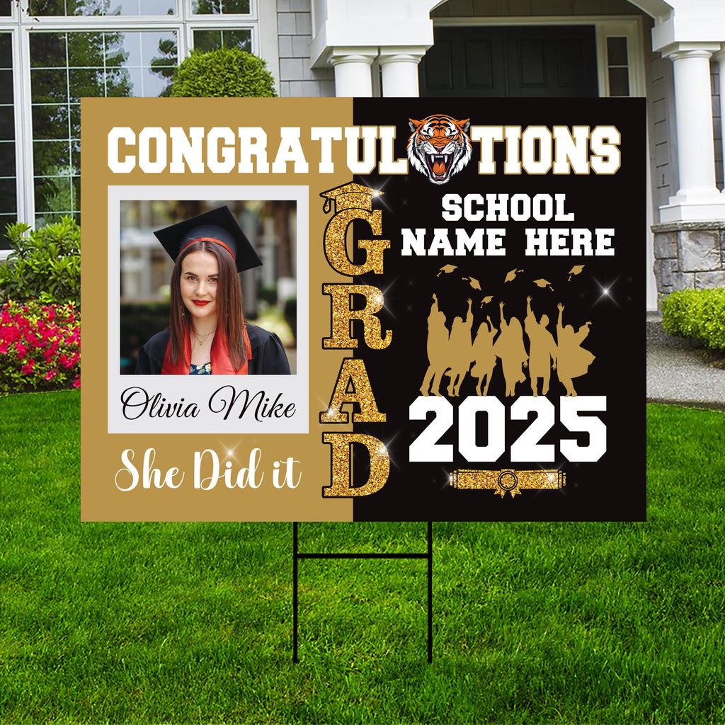 Personalized Graduation Yard Sign 2025 with Photo, Custom College Logo Sign, Class of 2025, Custom Graduation Yard Sign with Metal H-Stake