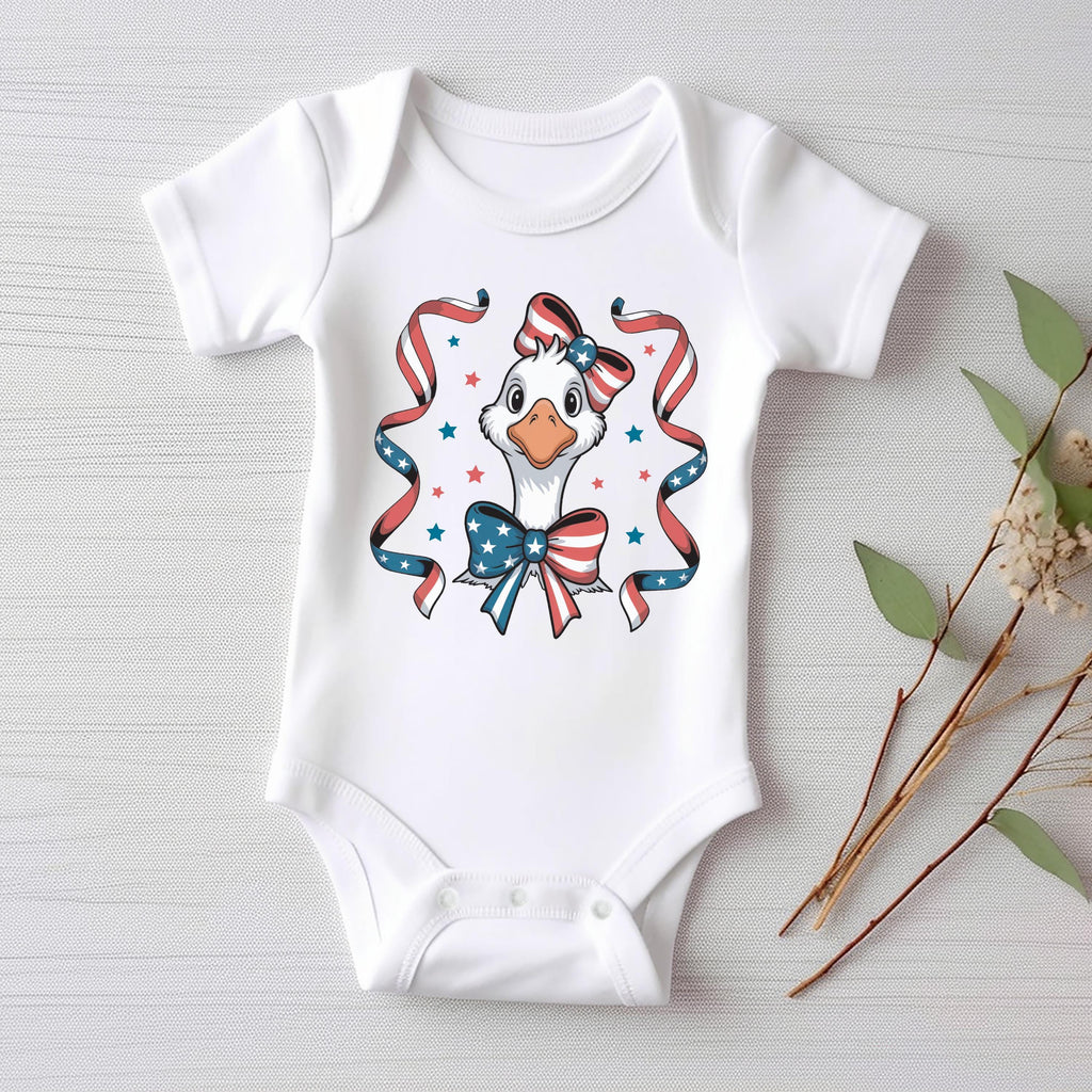 4th of July Goose Baby Bodysuit, Baby Shirt, Toddler Sweatshirt - America Coquette Outfit, Patriotic FOJ Bows, Cute Coquette Fourth Gift