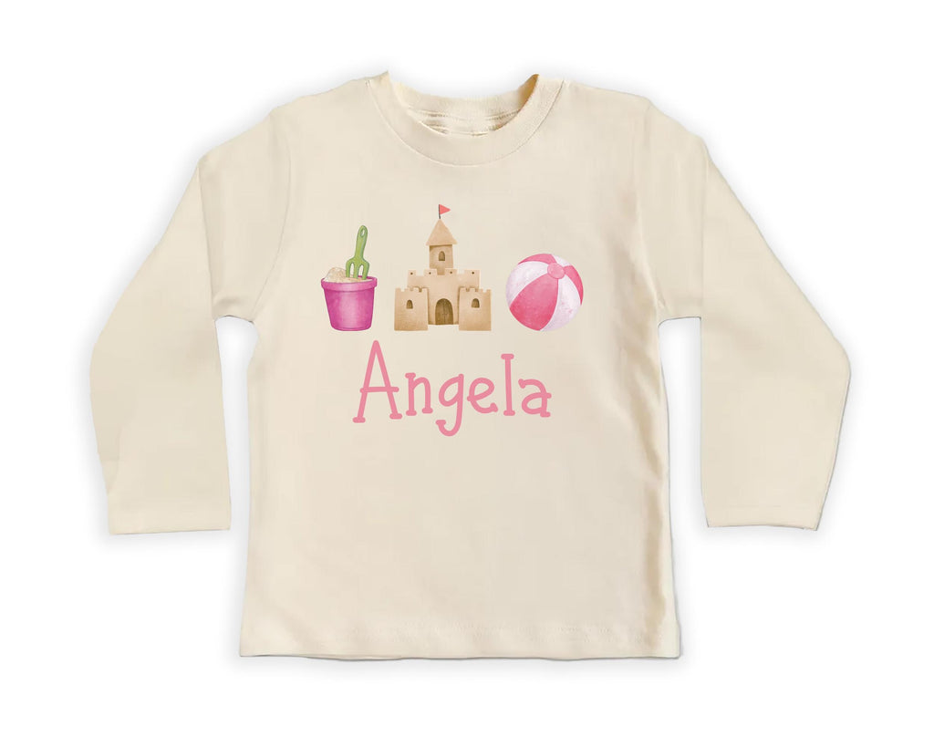 Personalized Girls Summer Onesie, Baby Bodysuit, Baby Shirt, Toddler Sweatshirt - Sandcastle Name Outfit, Custom Personalized Girl Gift