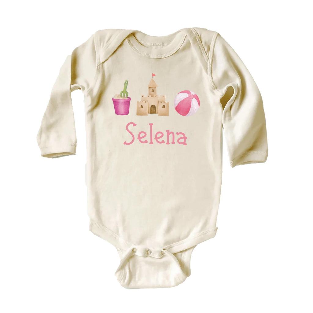 Personalized Girls Summer Onesie, Baby Bodysuit, Baby Shirt, Toddler Sweatshirt - Sandcastle Name Outfit, Custom Personalized Girl Gift