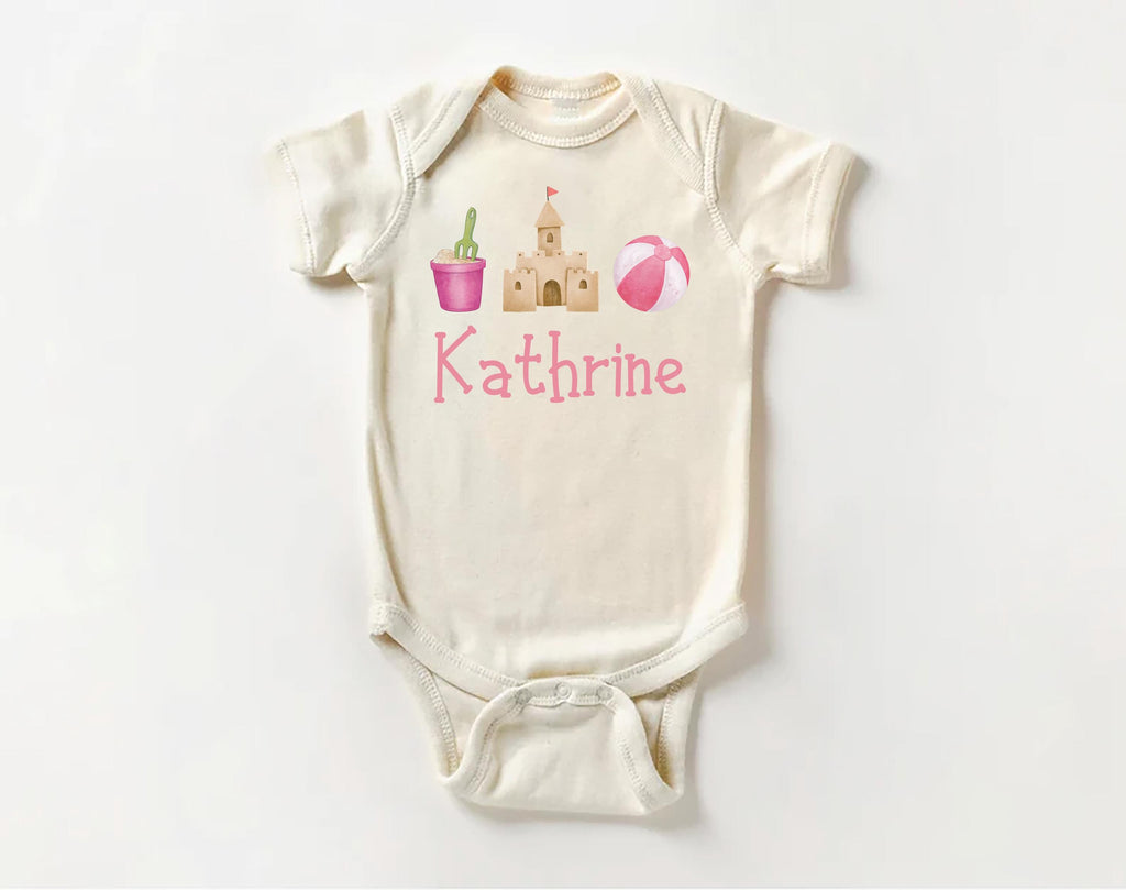 Personalized Girls Summer Onesie, Baby Bodysuit, Baby Shirt, Toddler Sweatshirt - Sandcastle Name Outfit, Custom Personalized Girl Gift