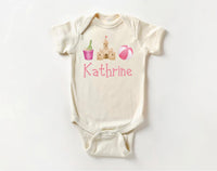 Personalized Girls Summer Onesie, Baby Bodysuit, Baby Shirt, Toddler Sweatshirt - Sandcastle Name Outfit, Custom Personalized Girl Gift