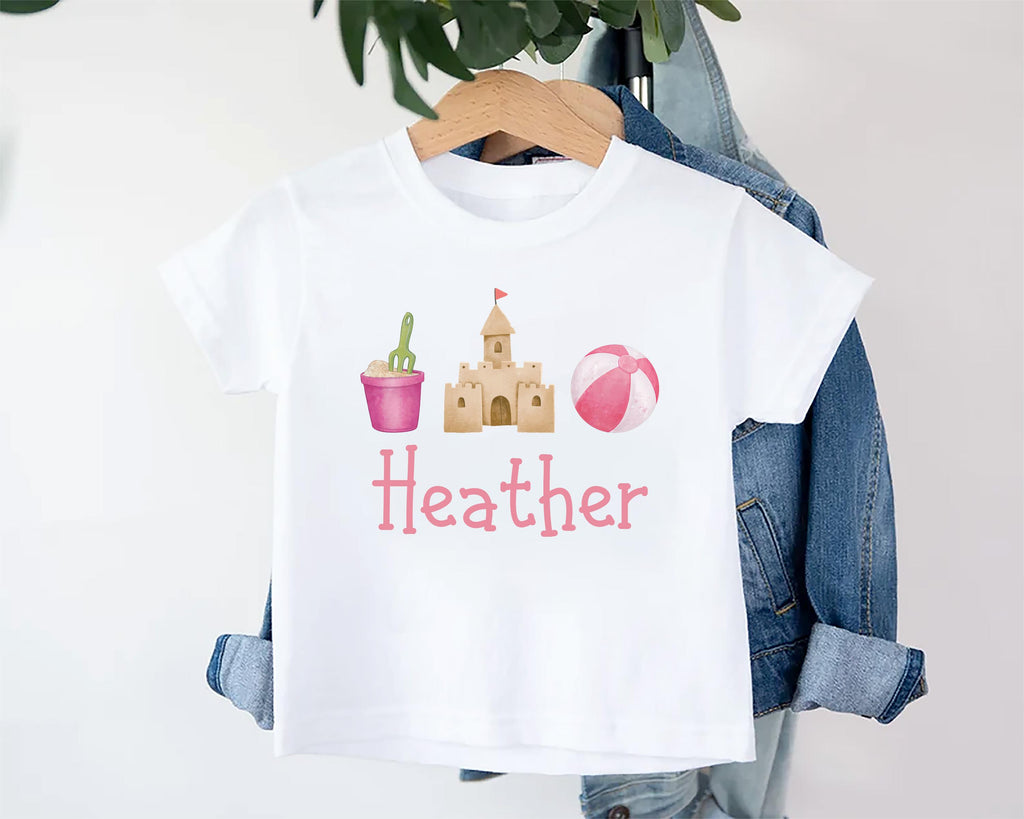 Personalized Girls Summer Onesie, Baby Bodysuit, Baby Shirt, Toddler Sweatshirt - Sandcastle Name Outfit, Custom Personalized Girl Gift