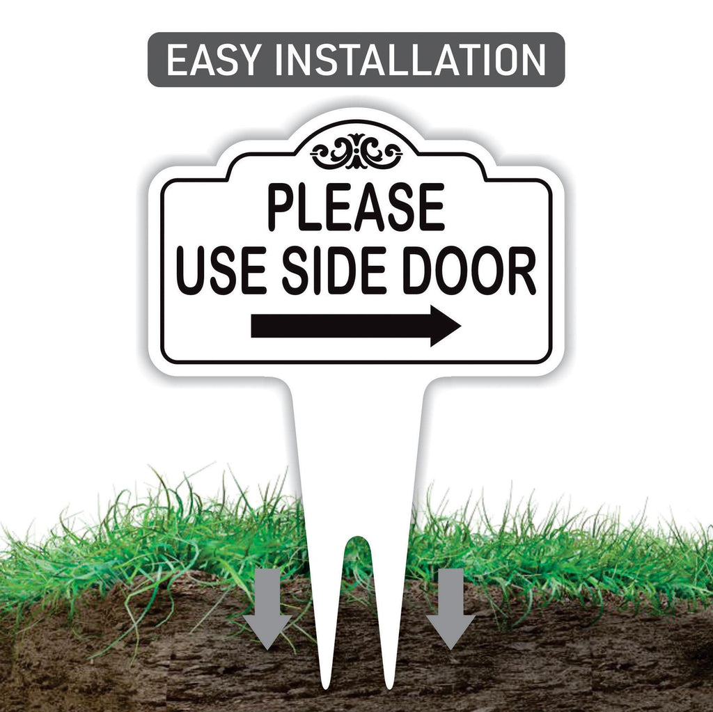 Please Use Side Door Yard Sign 10” x 14” - Rust-free Aluminum. Please Use Front Door Sign for Lawn, Yard Sign with Integrated Stake
