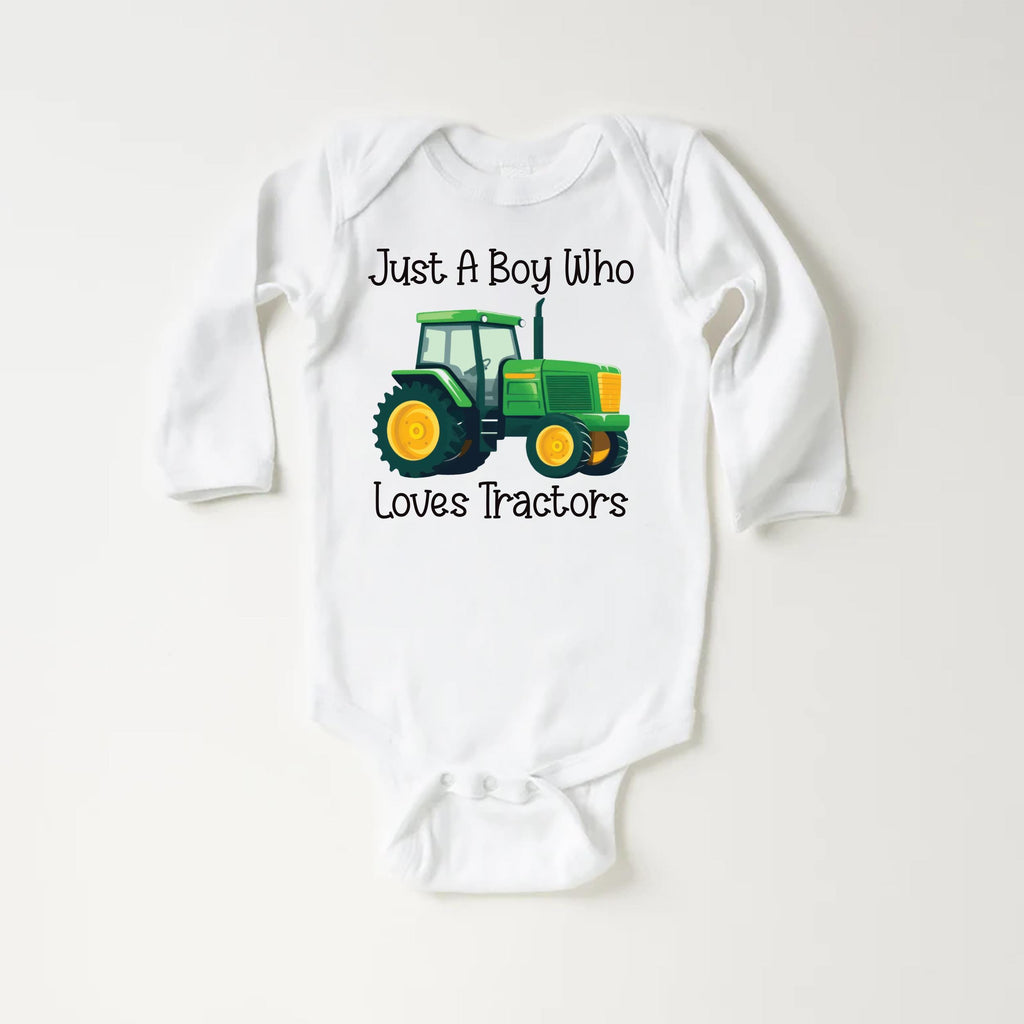 Just a Boy Who Loves Tractors Onesie, Baby Bodysuit, Baby Shirt, Toddler Sweatshirt - Trendy Farm Outfit, Tractor Boys Country Baby Gift