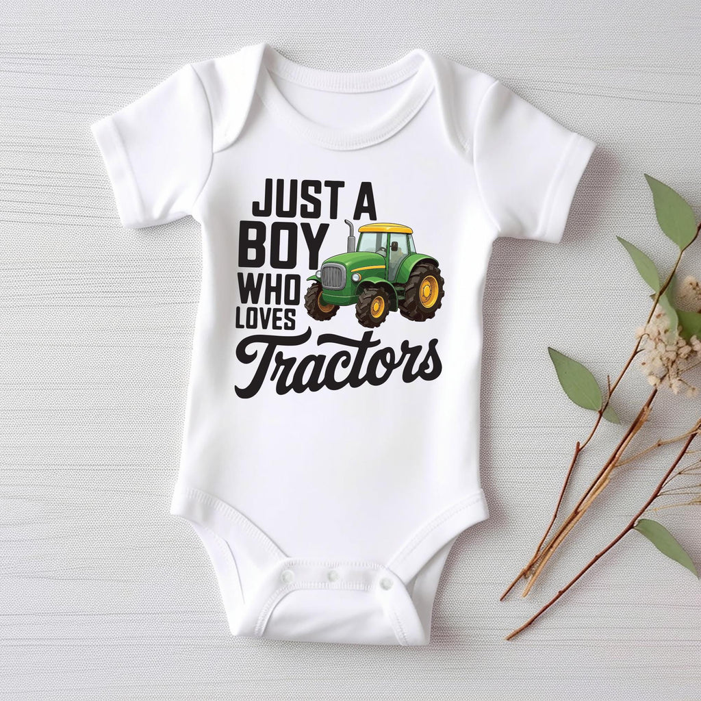 Just a Boy Who Loves Tractors Onesie, Baby Bodysuit, Baby Shirt, Toddler Sweatshirt - Trendy Farm Outfit, Tractor Boys Country Baby Gift