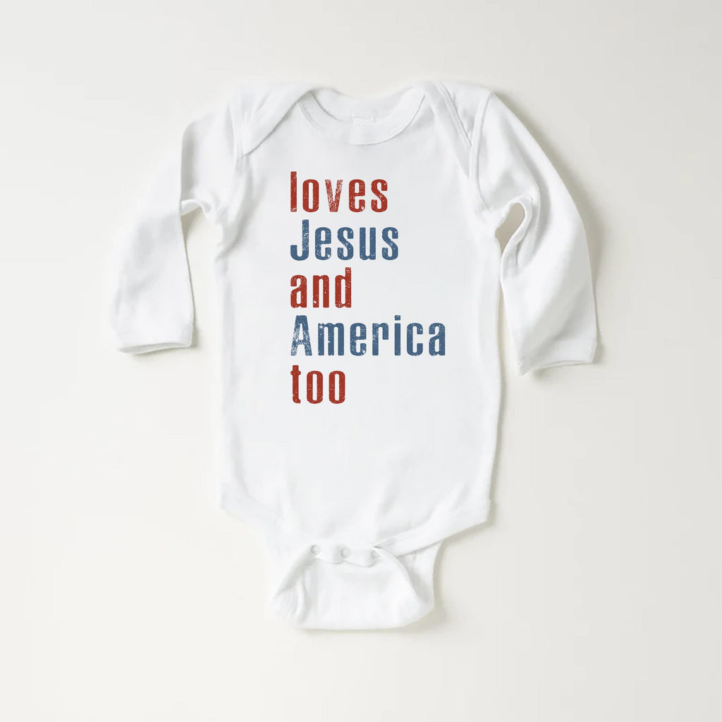 Loves Jesus and America Too Baby Shirt, Onesie, Baby Bodysuit, Toddler Sweatshirt - Patriotic Religious Outfit, Christian Baby Gift USA