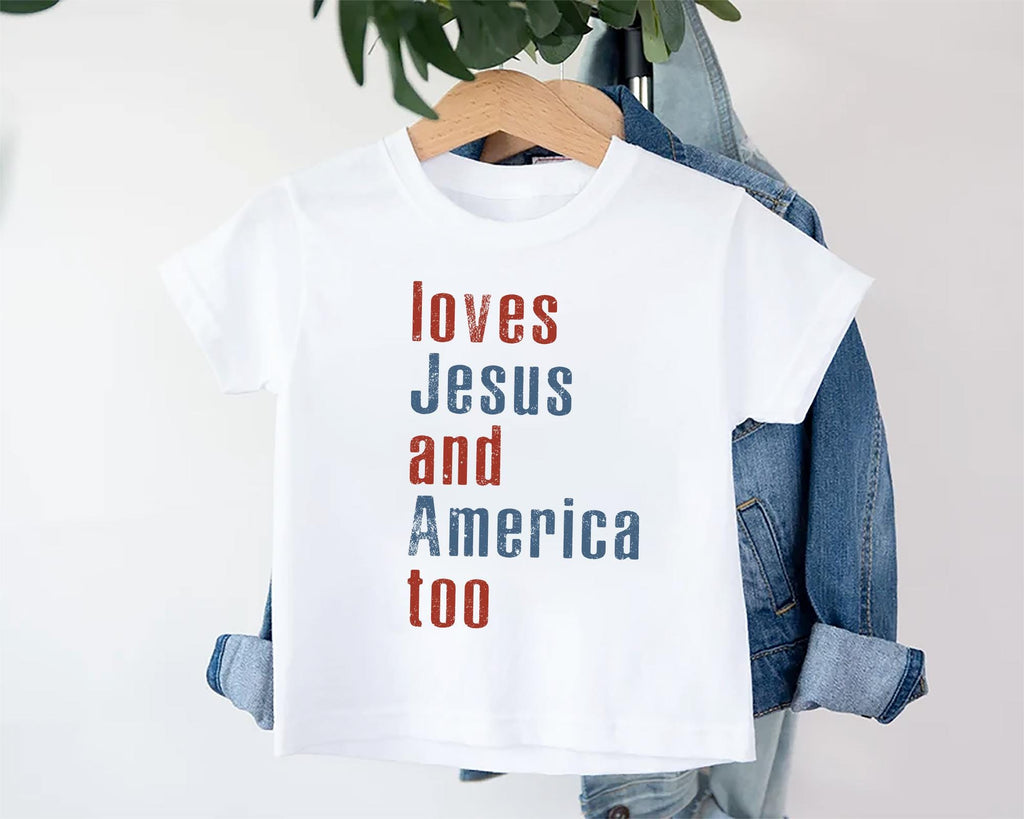 Loves Jesus and America Too Baby Shirt, Onesie, Baby Bodysuit, Toddler Sweatshirt - Patriotic Religious Outfit, Christian Baby Gift USA
