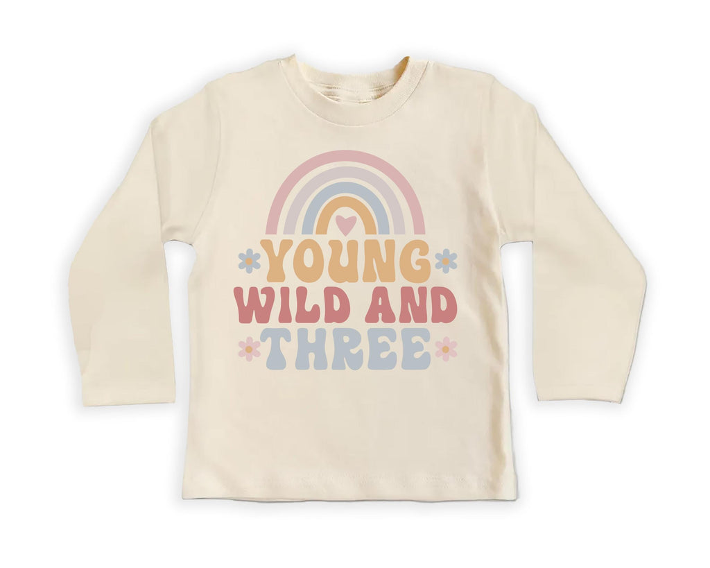 Young Wild & Three Onesie, Baby Bodysuit, Baby Shirt, Toddler Sweatshirt - Girls Retro Rainbow Birthday Outfit, Cute 3rd Birthday Gift