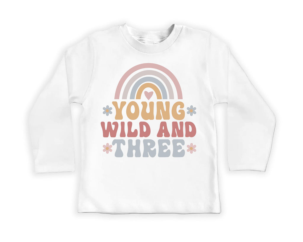 Young Wild & Three Onesie, Baby Bodysuit, Baby Shirt, Toddler Sweatshirt - Girls Retro Rainbow Birthday Outfit, Cute 3rd Birthday Gift