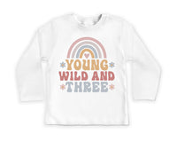 Young Wild & Three Onesie, Baby Bodysuit, Baby Shirt, Toddler Sweatshirt - Girls Retro Rainbow Birthday Outfit, Cute 3rd Birthday Gift