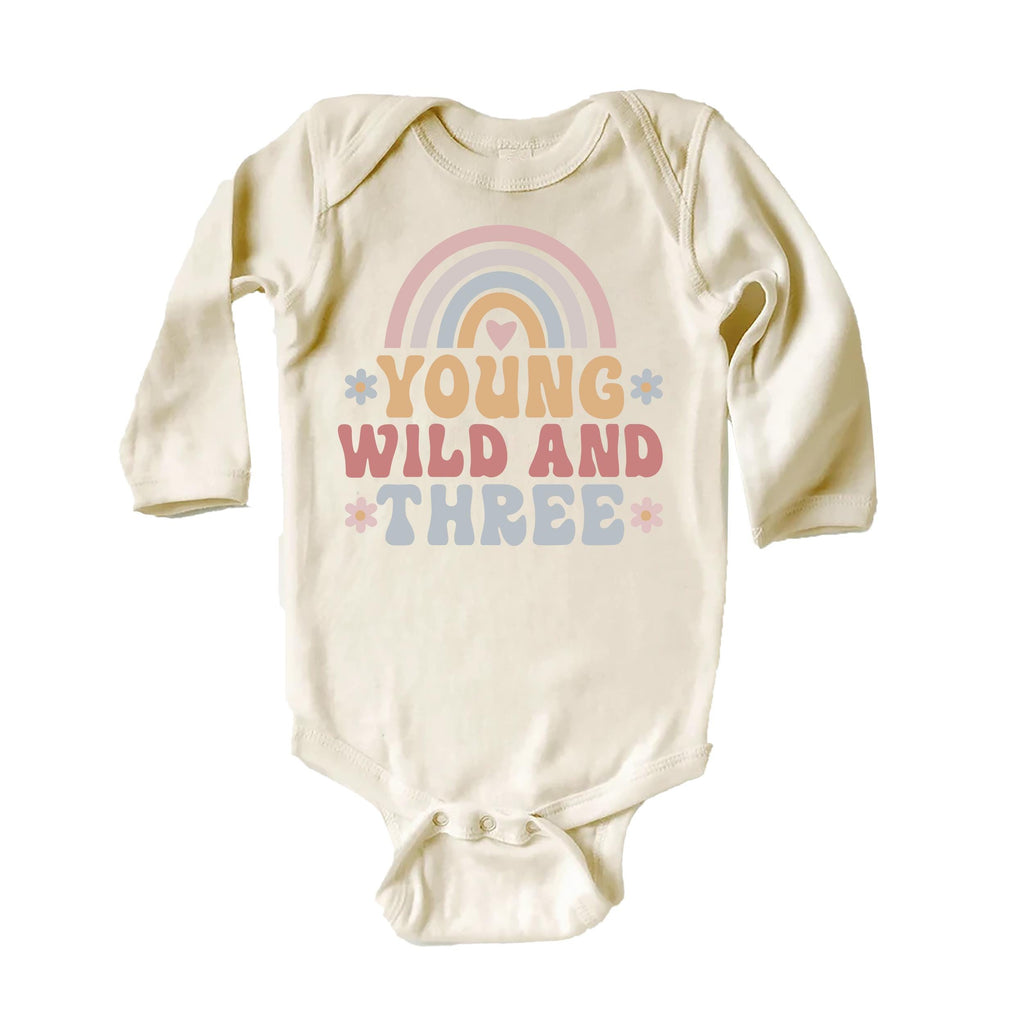 Young Wild & Three Onesie, Baby Bodysuit, Baby Shirt, Toddler Sweatshirt - Girls Retro Rainbow Birthday Outfit, Cute 3rd Birthday Gift
