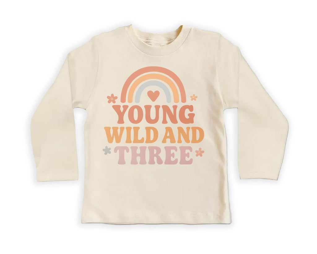 Young Wild & Three Onesie, Baby Bodysuit, Baby Shirt, Toddler Sweatshirt - Girls Retro Rainbow Birthday Outfit, Cute 3rd Birthday Gift