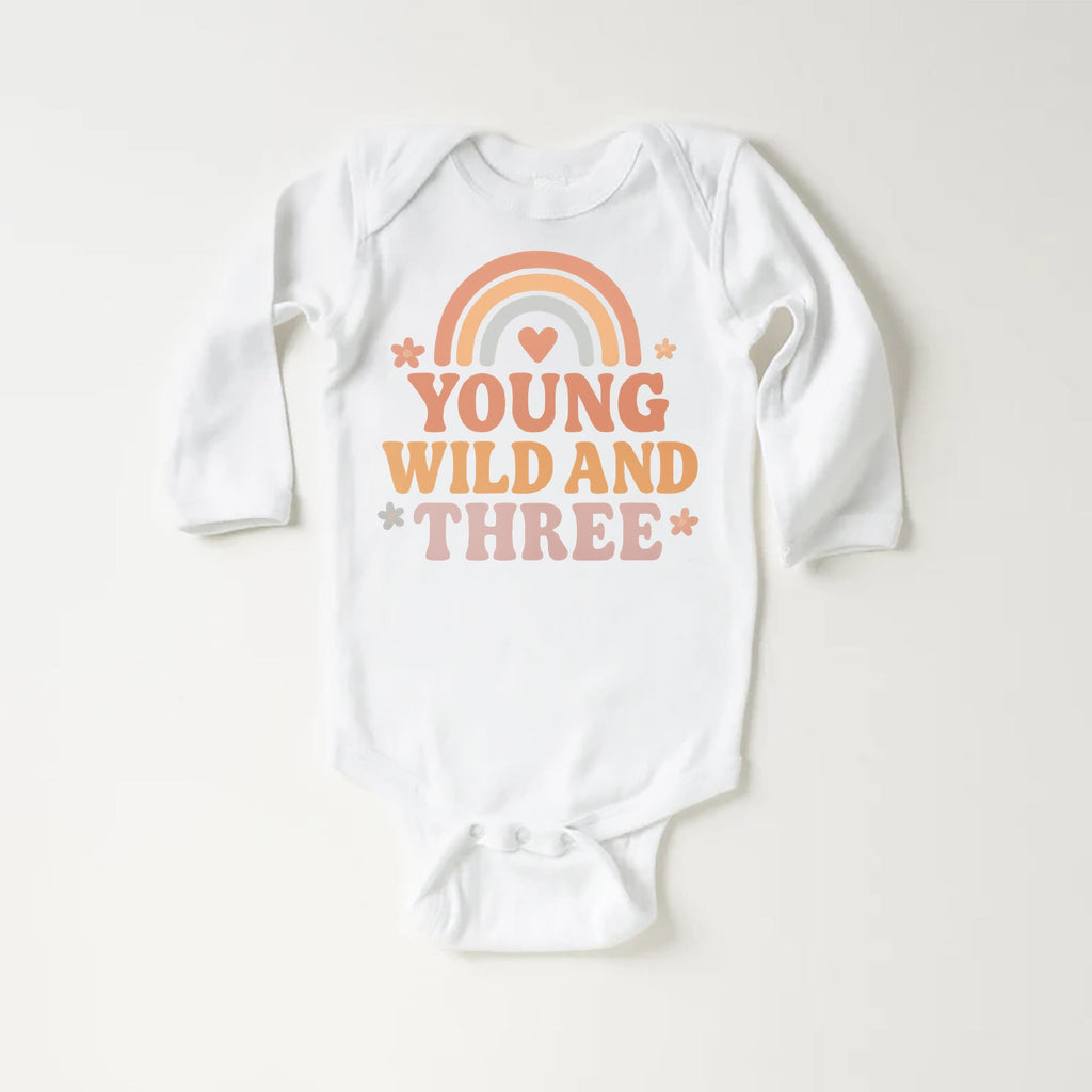 Young Wild & Three Onesie, Baby Bodysuit, Baby Shirt, Toddler Sweatshirt - Girls Retro Rainbow Birthday Outfit, Cute 3rd Birthday Gift