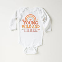 Young Wild & Three Onesie, Baby Bodysuit, Baby Shirt, Toddler Sweatshirt - Girls Retro Rainbow Birthday Outfit, Cute 3rd Birthday Gift