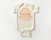Young Wild & Three Onesie, Baby Bodysuit, Baby Shirt, Toddler Sweatshirt - Girls Retro Rainbow Birthday Outfit, Cute 3rd Birthday Gift