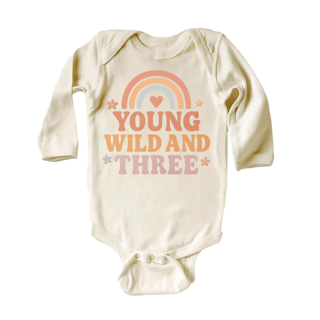 Young Wild & Three Onesie, Baby Bodysuit, Baby Shirt, Toddler Sweatshirt - Girls Retro Rainbow Birthday Outfit, Cute 3rd Birthday Gift