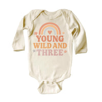 Young Wild & Three Onesie, Baby Bodysuit, Baby Shirt, Toddler Sweatshirt - Girls Retro Rainbow Birthday Outfit, Cute 3rd Birthday Gift