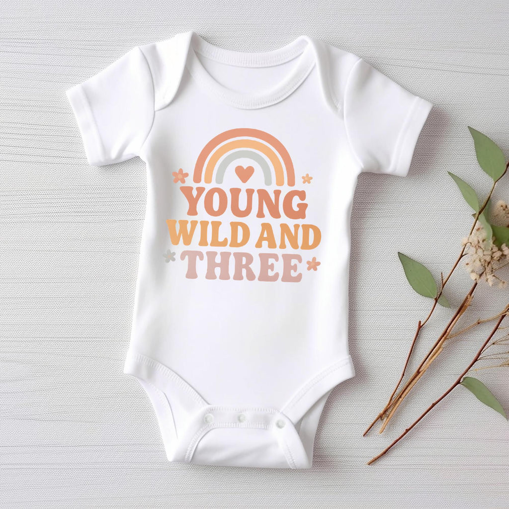 Young Wild & Three Onesie, Baby Bodysuit, Baby Shirt, Toddler Sweatshirt - Girls Retro Rainbow Birthday Outfit, Cute 3rd Birthday Gift