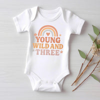 Young Wild & Three Onesie, Baby Bodysuit, Baby Shirt, Toddler Sweatshirt - Girls Retro Rainbow Birthday Outfit, Cute 3rd Birthday Gift
