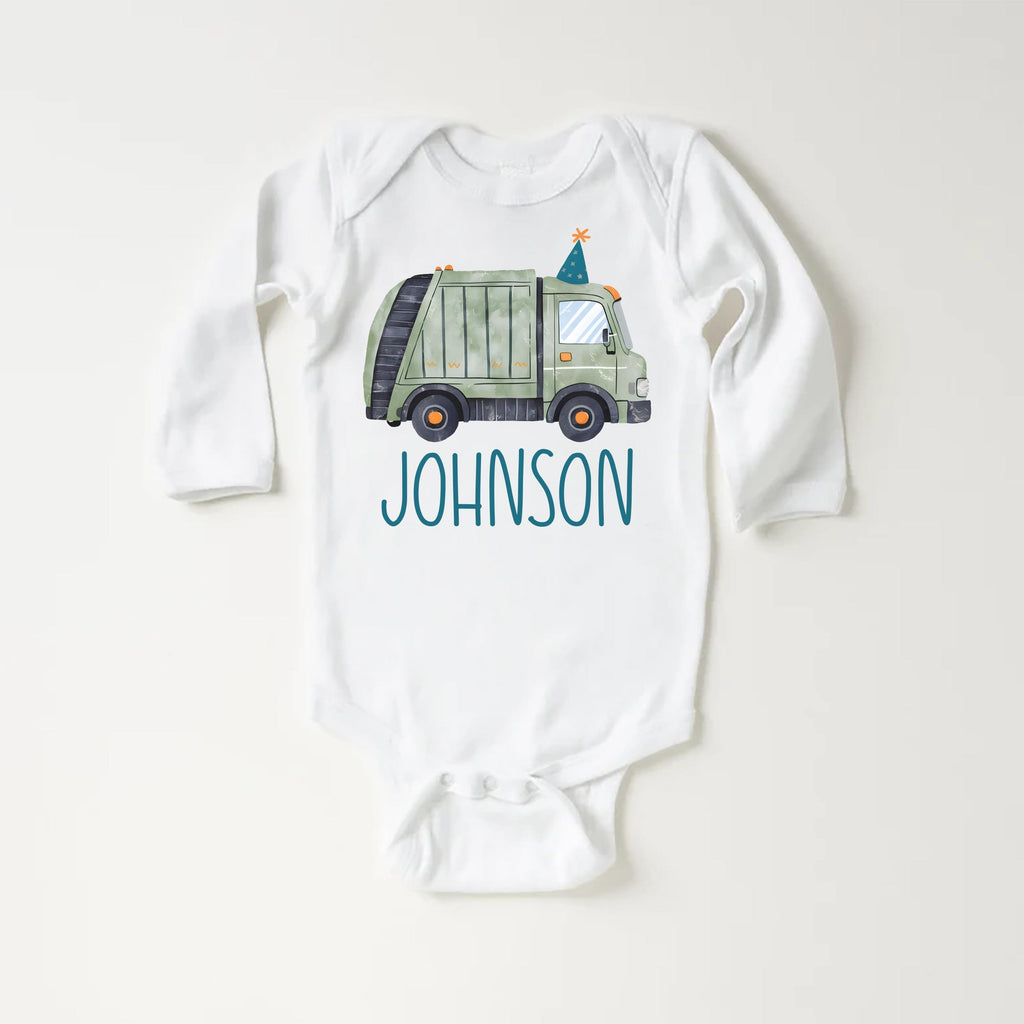 Personalized Trash Truck Onesie, Baby Bodysuit, Baby Shirt, Toddler Sweatshirt - Boys Birthday Garbage Truck Outfit, Retro Custom Party Gift