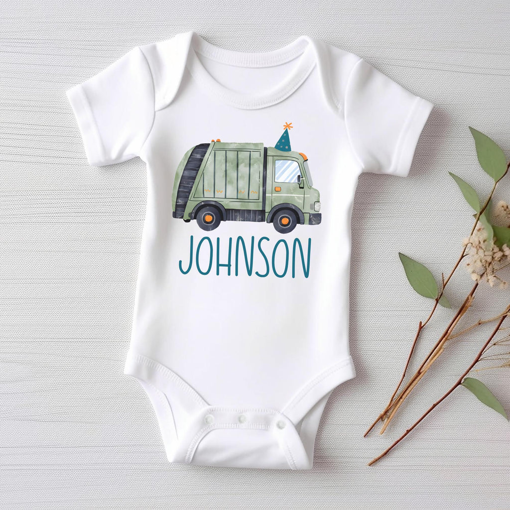 Personalized Trash Truck Onesie, Baby Bodysuit, Baby Shirt, Toddler Sweatshirt - Boys Birthday Garbage Truck Outfit, Retro Custom Party Gift