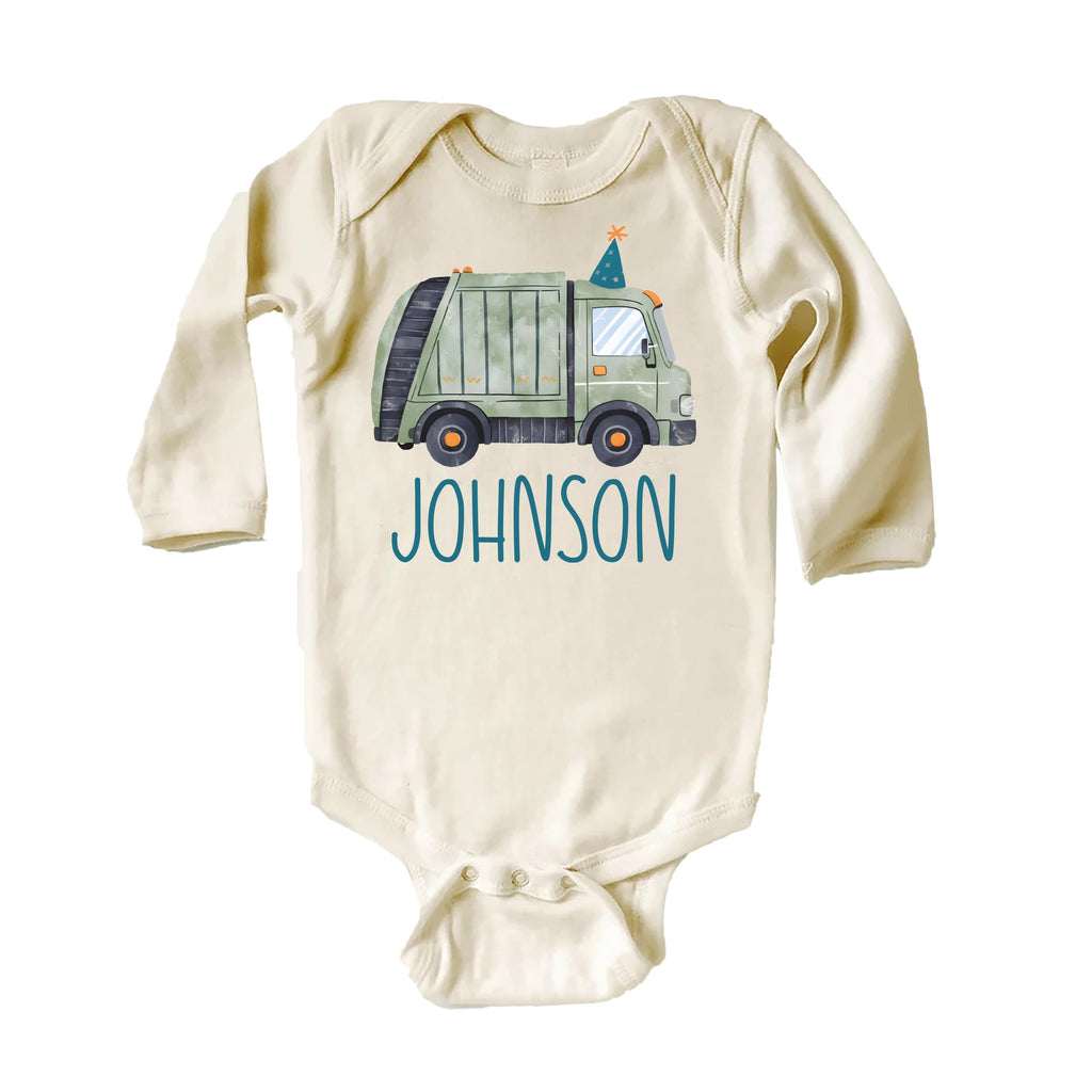 Personalized Trash Truck Onesie, Baby Bodysuit, Baby Shirt, Toddler Sweatshirt - Boys Birthday Garbage Truck Outfit, Retro Custom Party Gift