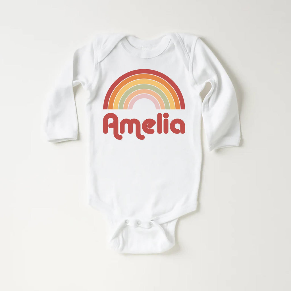 Personalized Girls Name Onesie, Baby Bodysuit, Baby Shirt, Toddler Sweatshirt - Custom Retro Rainbow Outfit, Cute Gift for Baby Girl