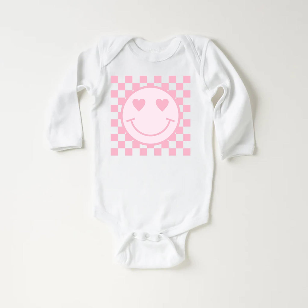 Pink Smiley Face Onesie, Baby Bodysuit, Baby Shirt, Toddler Sweatshirt, Retro Happy Summer Outfit, Cute Baby Girl Gift, Groovy Sunshine Look