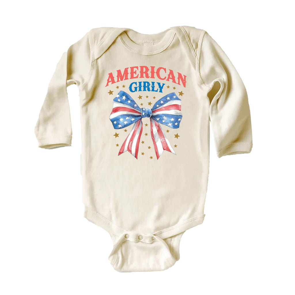American Girly Onesie, Baby Bodysuit, Baby Shirt, Toddler Sweatshirt - Retro Fourth of July Outfit, Cute Flag Coquette Girls Patriotic Gift