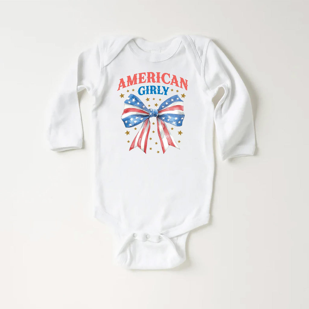 American Girly Onesie, Baby Bodysuit, Baby Shirt, Toddler Sweatshirt - Retro Fourth of July Outfit, Cute Flag Coquette Girls Patriotic Gift