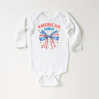 American Girly Onesie, Baby Bodysuit, Baby Shirt, Toddler Sweatshirt - Retro Fourth of July Outfit, Cute Flag Coquette Girls Patriotic Gift