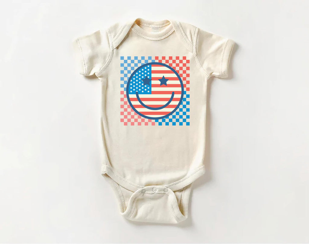 Retro Patriotic Onesie, Baby Bodysuit, Baby Shirt, Toddler Sweatshirt - Smiley Face Vintage Fourth of July Outfit, Cute USA Baby Gift Idea