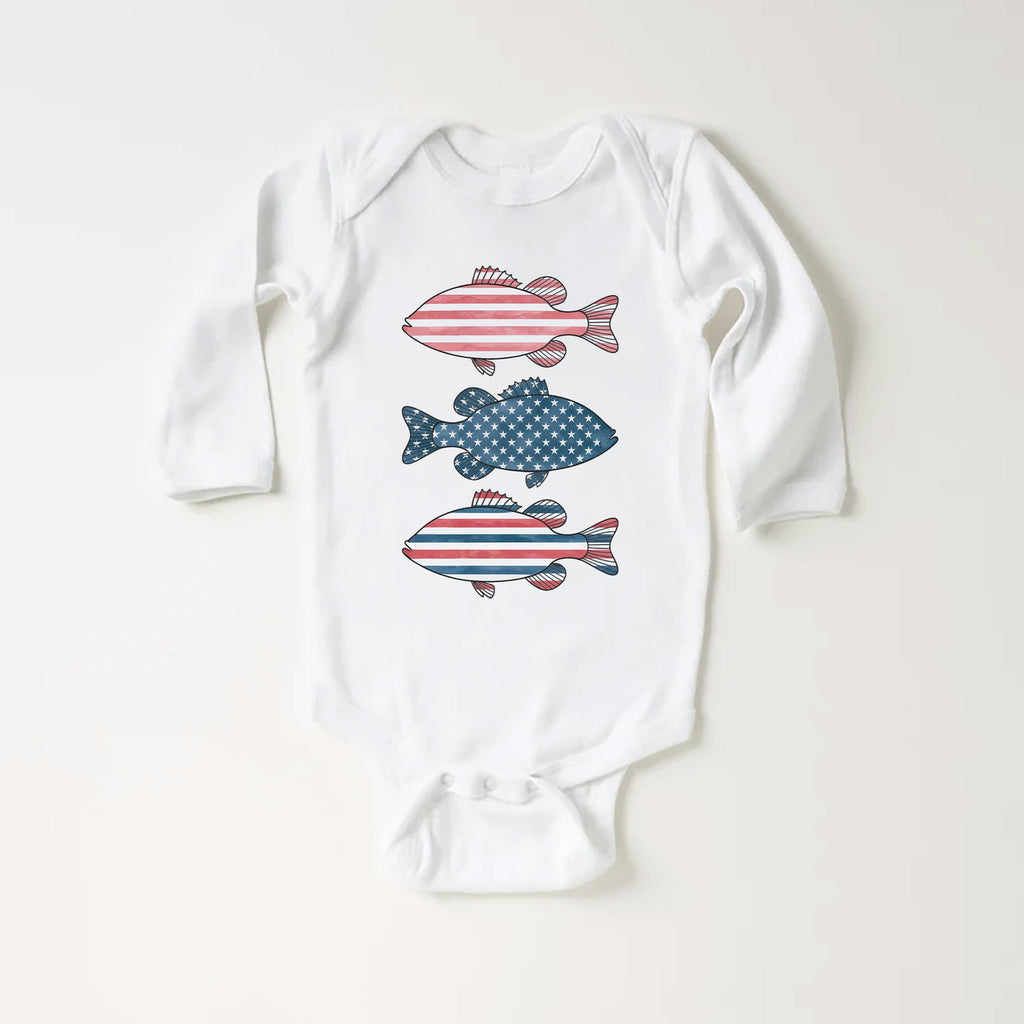 Patriotic Bass Onesie, Baby Bodysuit, Baby Shirt, Toddler Sweatshirt - American Flag Fish Outfit, Red, White & Blue Fourth of July Baby Gift