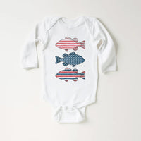 Patriotic Bass Onesie, Baby Bodysuit, Baby Shirt, Toddler Sweatshirt - American Flag Fish Outfit, Red, White & Blue Fourth of July Baby Gift