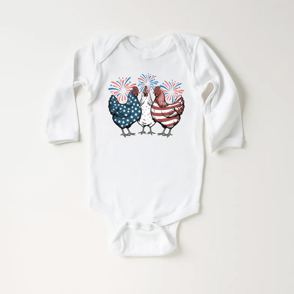 Patriotic Chicken Onesie, Baby Bodysuit, Baby Shirt, Toddler Sweatshirt - American Flag Fourth of July Outfit, Wild and Free USA Baby Gift