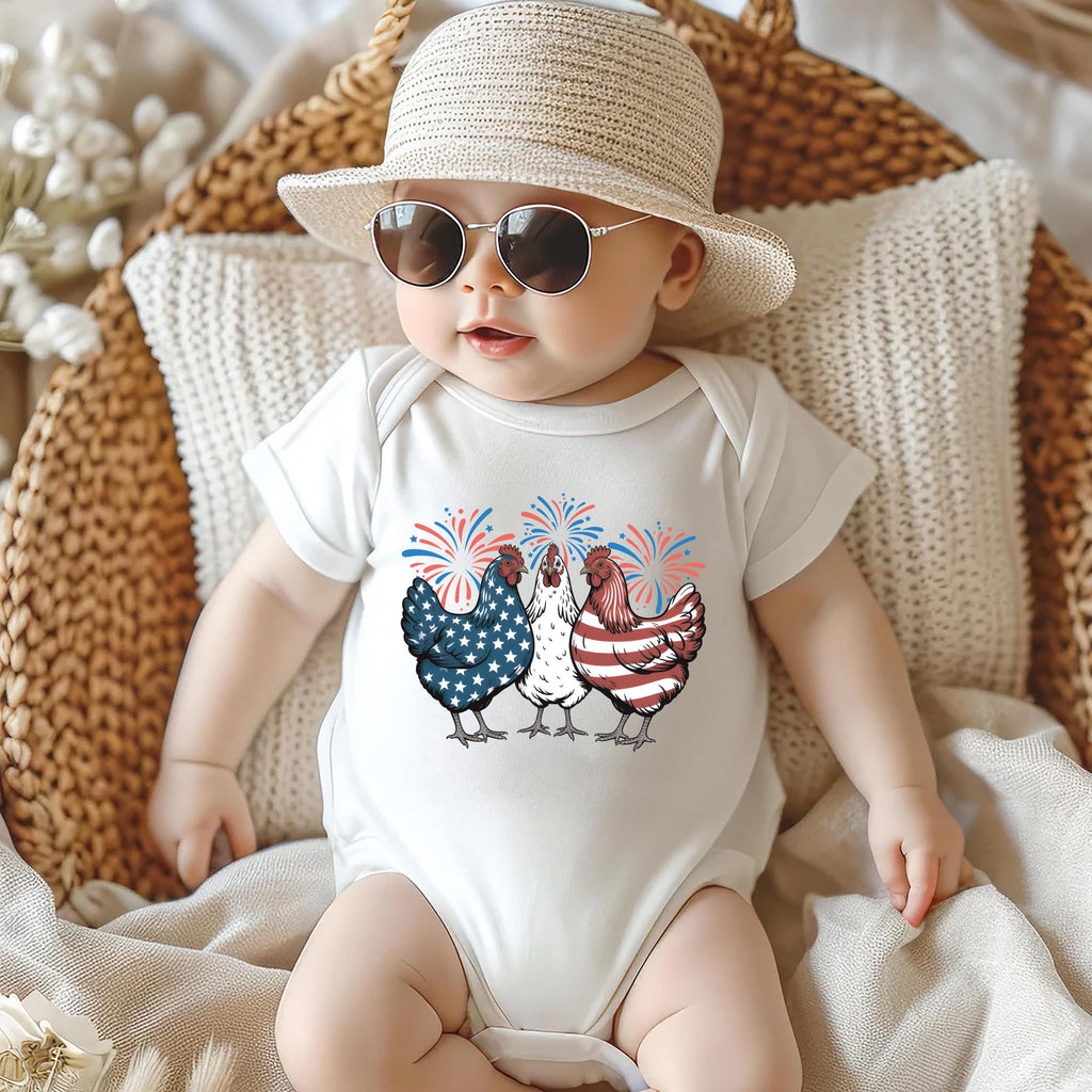 Patriotic Chicken Onesie, Baby Bodysuit, Baby Shirt, Toddler Sweatshirt - American Flag Fourth of July Outfit, Wild and Free USA Baby Gift