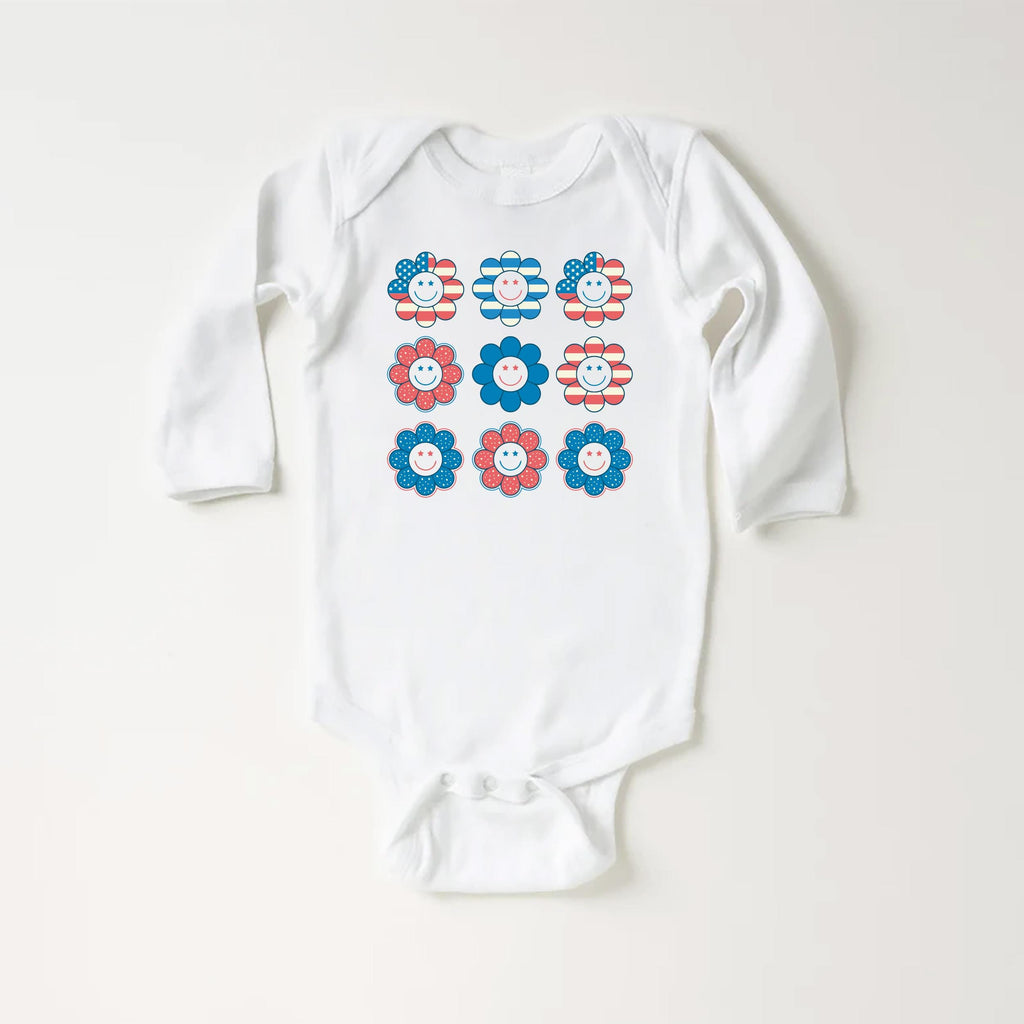 Patriotic Girl Onesie, Baby Bodysuit, Baby Shirt, Toddler Sweatshirt - Retro Smiley Face Hippie Fourth of July Outfit, USA Baby Gift for Her