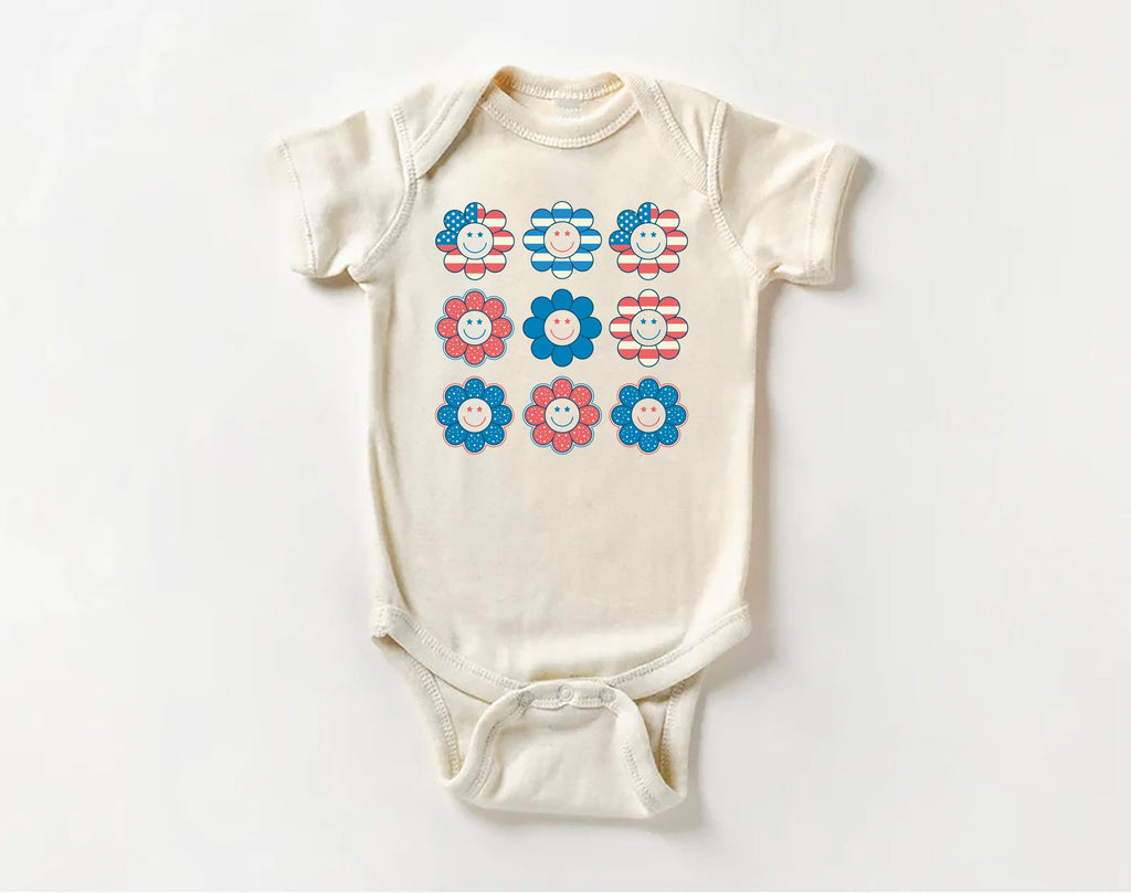 Patriotic Girl Onesie, Baby Bodysuit, Baby Shirt, Toddler Sweatshirt - Retro Smiley Face Hippie Fourth of July Outfit, USA Baby Gift for Her