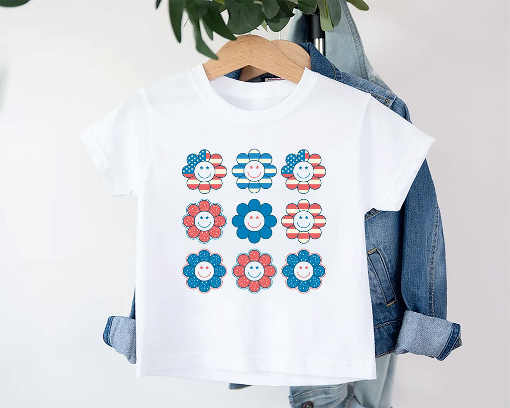 Patriotic Girl Onesie, Baby Bodysuit, Baby Shirt, Toddler Sweatshirt - Retro Smiley Face Hippie Fourth of July Outfit, USA Baby Gift for Her