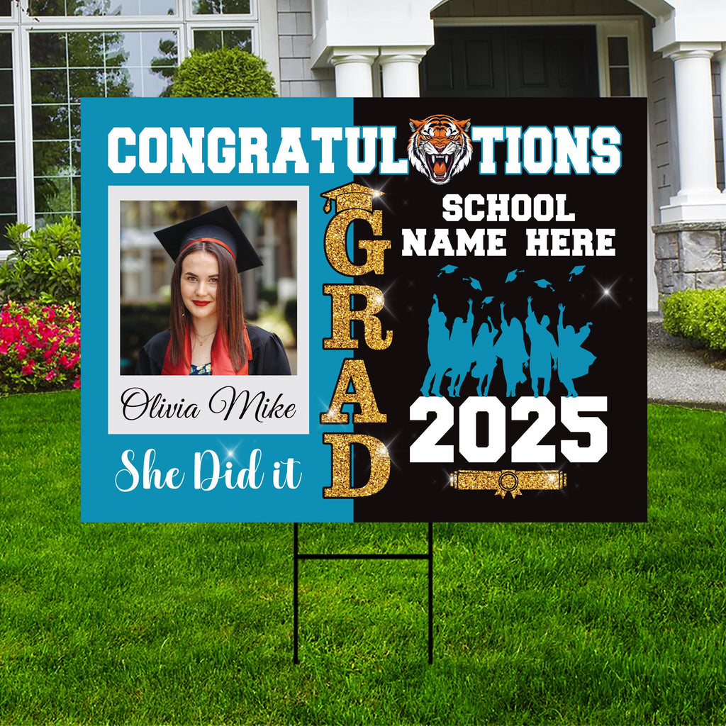 Personalized Graduation Yard Sign 2025 with Photo, Custom College Logo Sign, Class of 2025, Custom Graduation Yard Sign with Metal H-Stake