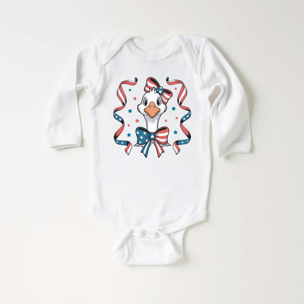 4th of July Goose Baby Bodysuit, Baby Shirt, Toddler Sweatshirt - America Coquette Outfit, Patriotic FOJ Bows, Cute Coquette Fourth Gift