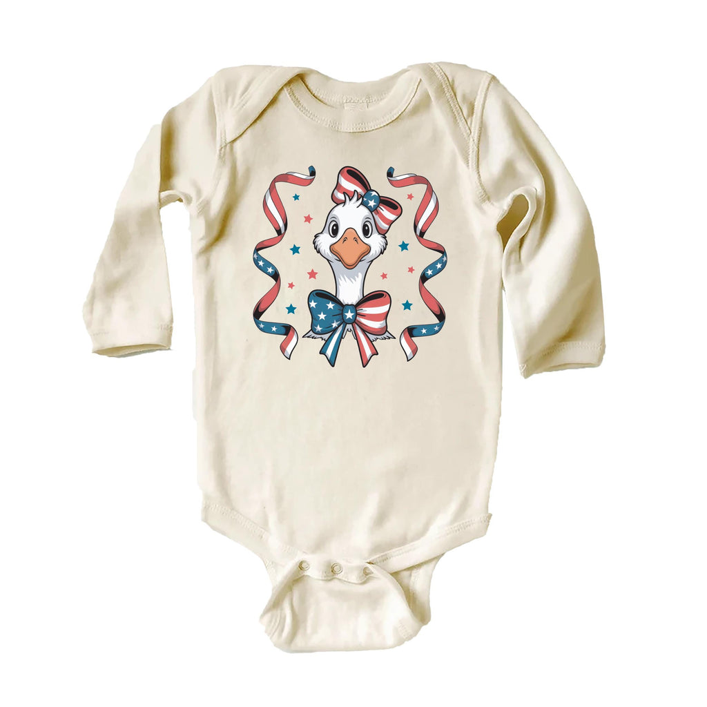4th of July Goose Baby Bodysuit, Baby Shirt, Toddler Sweatshirt - America Coquette Outfit, Patriotic FOJ Bows, Cute Coquette Fourth Gift